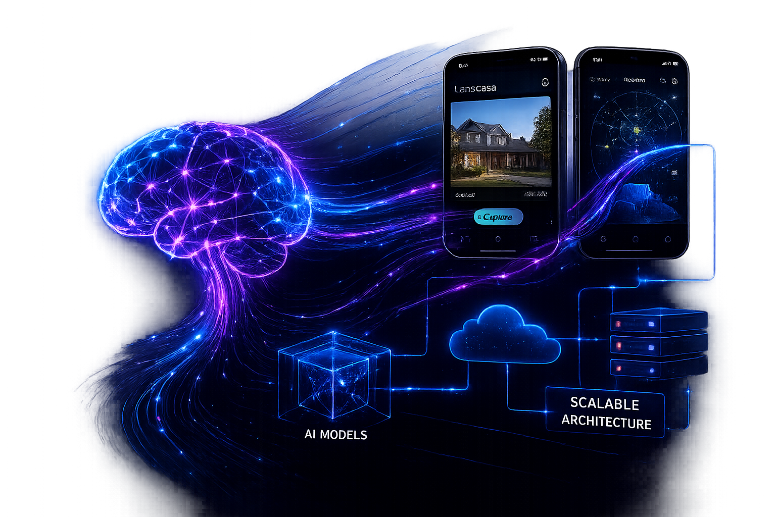 A luminous neural network connecting mobile apps, AI models, cloud services and scalable architecture