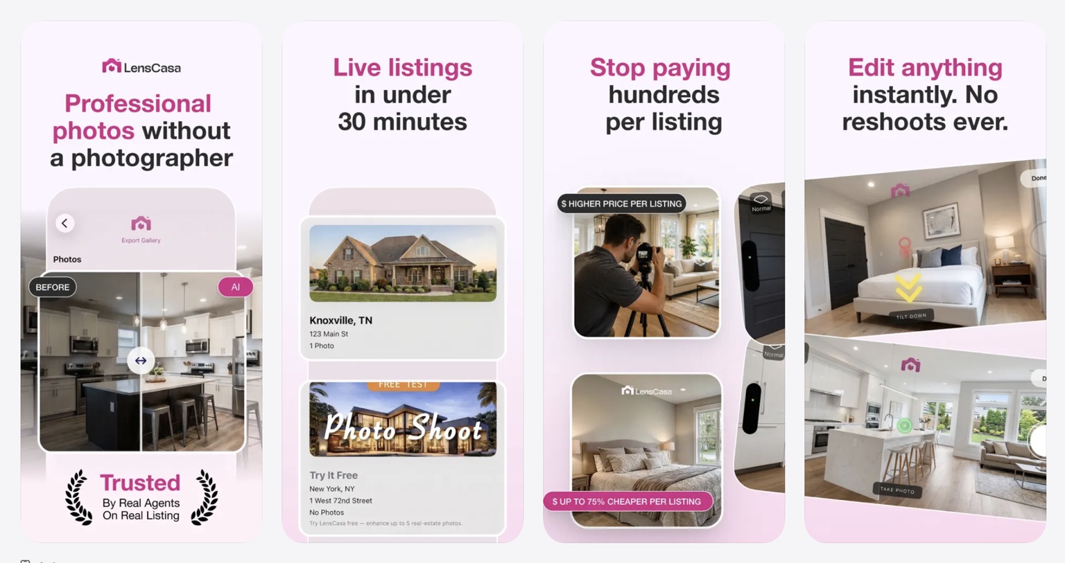 LensCasa App Store presentation showing professional real-estate photography, rapid listing creation, lower listing costs and guided capture